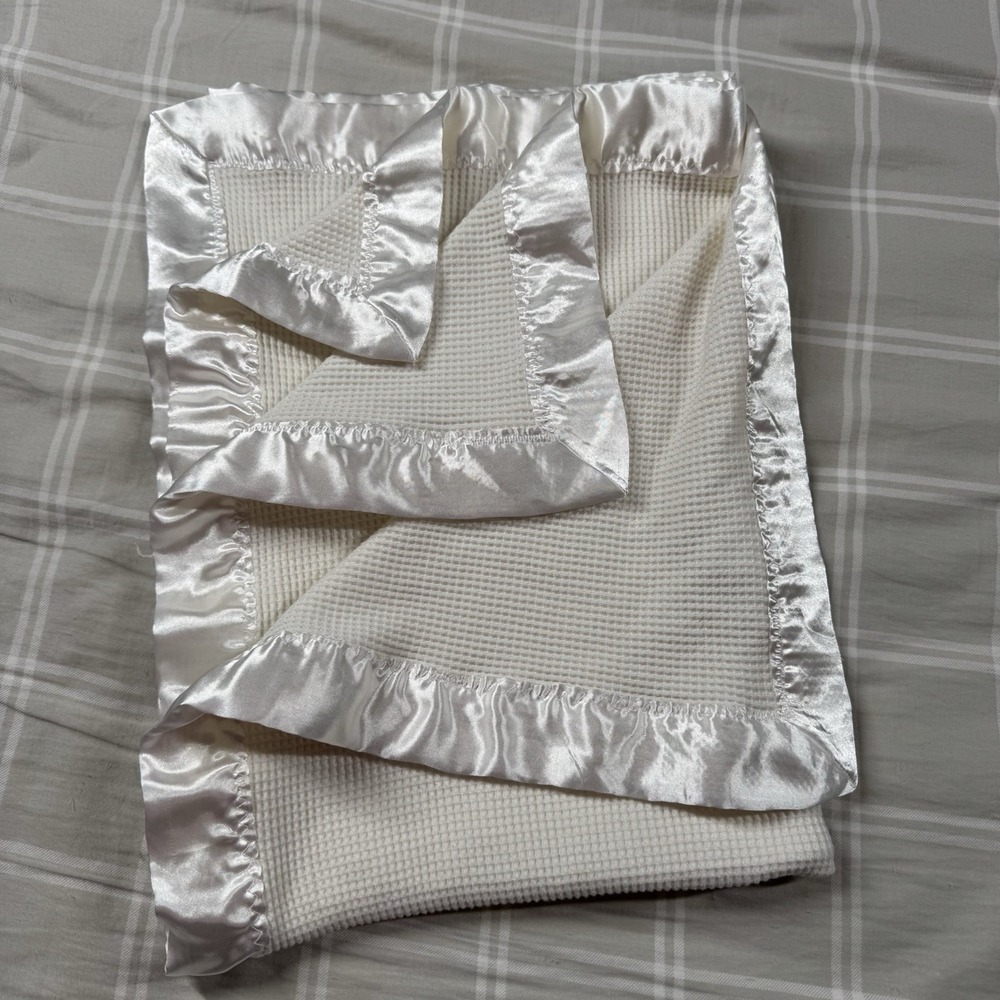 Vintage Starting Out Ecru Thermal Waffle Weave Baby Blanket Shiny Satin Trim